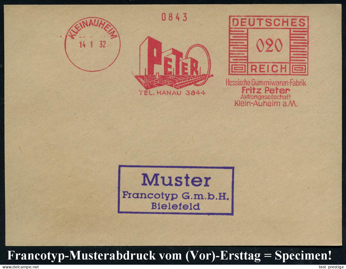 KLEINAUHEIM/ PETER../ Hessische Gummiwaren-Fabrik/ Fritz Peter/ AG.. 1932 (14.1.) AFS-Musterabdruck Francotyp "Mäanderre - Chimie