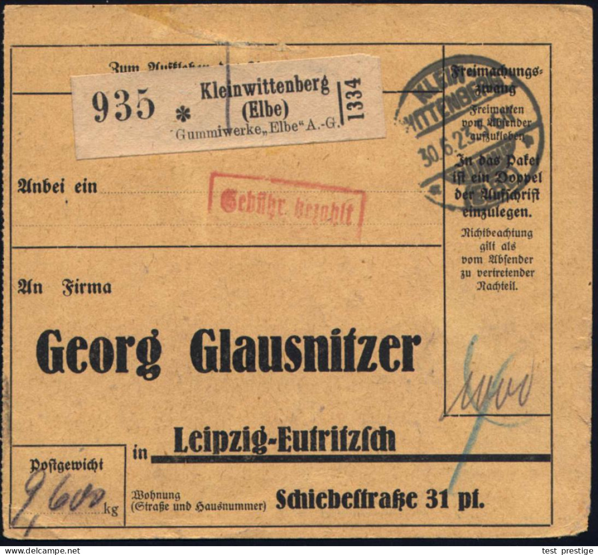 Kleinwittenberg/ (Elbe)/ Gummiwerke "Elbe" A.-G. 1923 (30.6.) Selbstbucher-Paketzettel + 1K-Brücke: KLEIN-/ WITTENBERG/  - Chimie