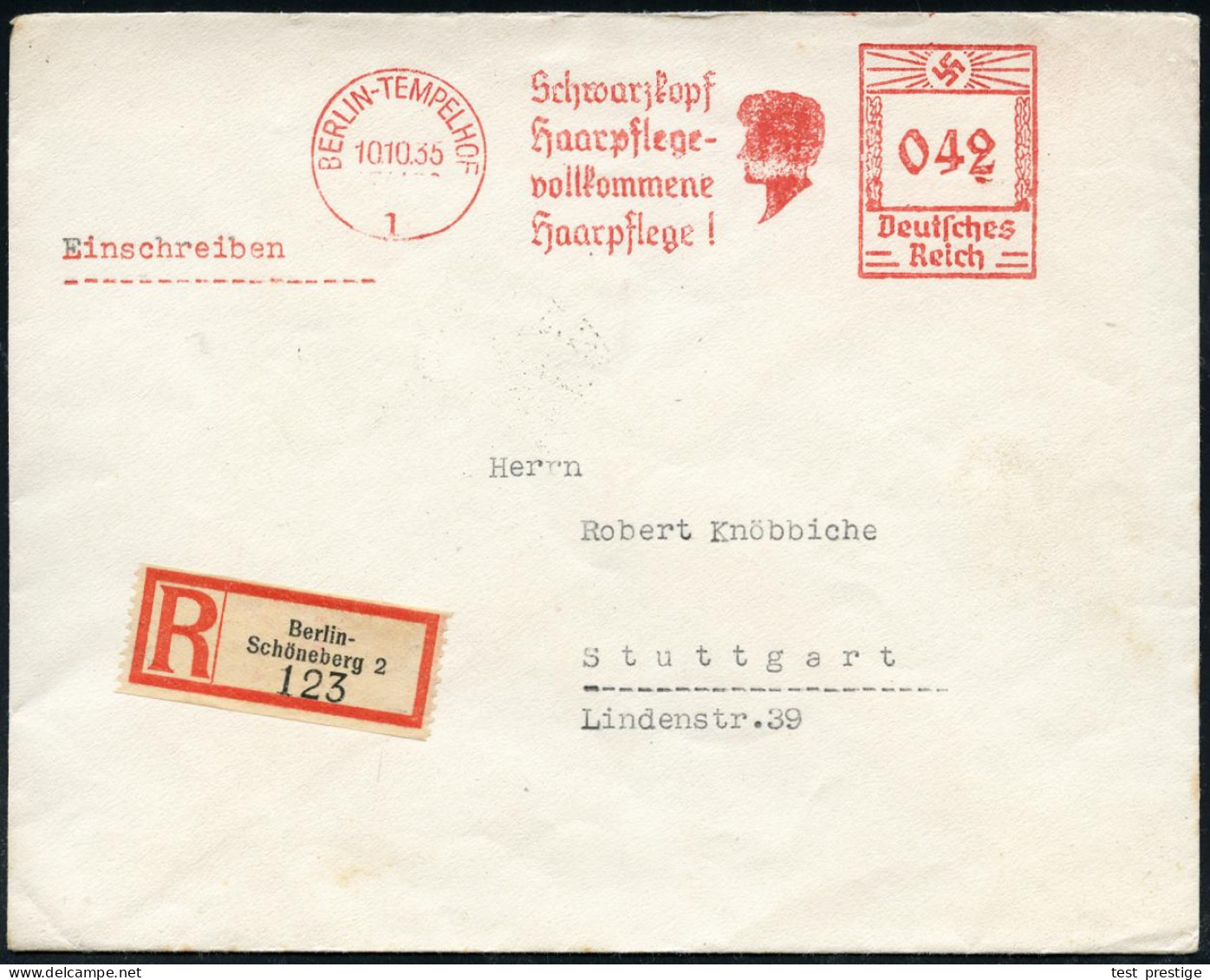 BERLIN-TEMPELHOF/ 1/ Schwarzkopf/ Haarpflege-/ Vollkommene/ Haarpflege! 1935 (10.10.) AFS Francotyp 042 Pf.= Kopfsilhoue - Química