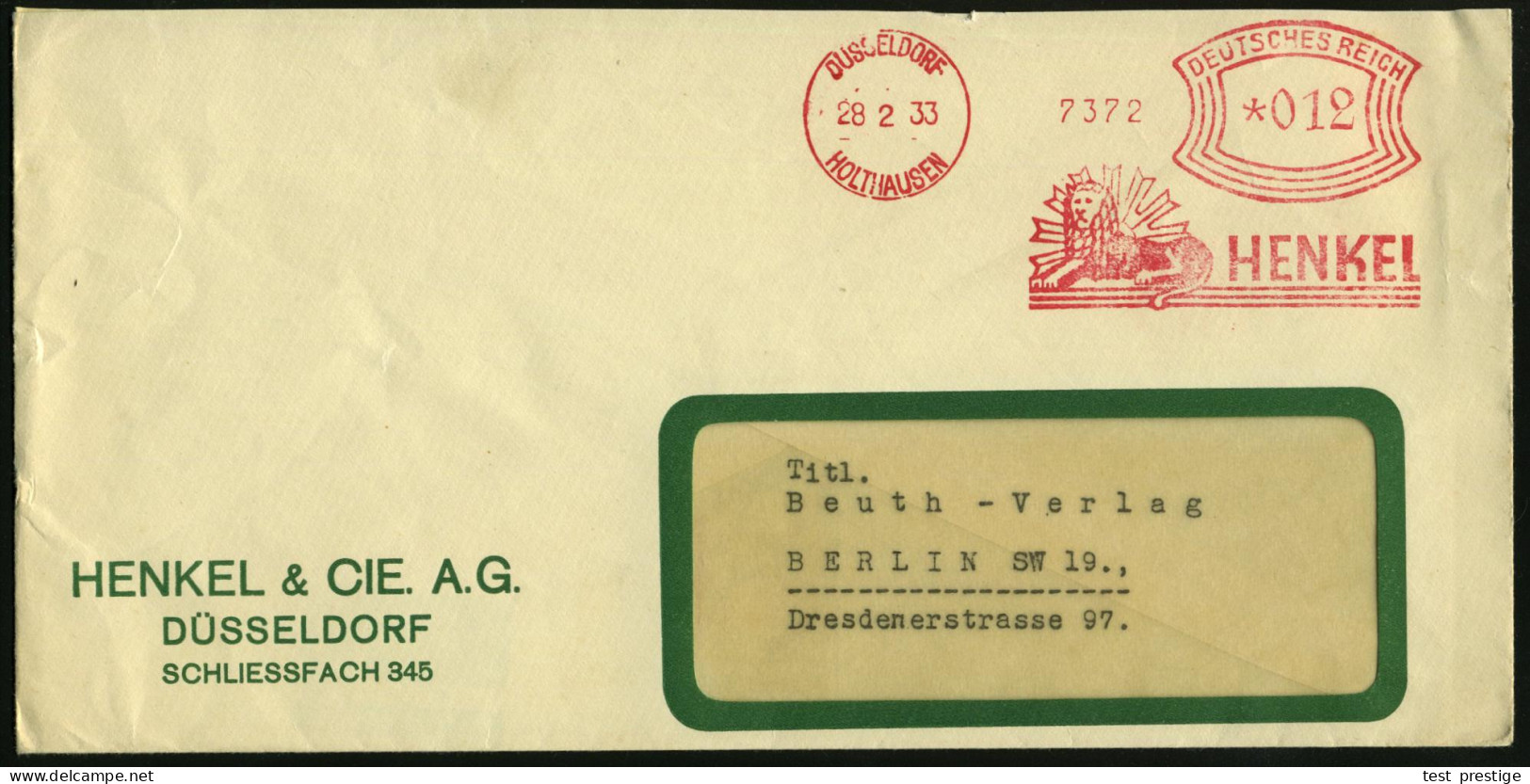 DÜSSELDORF-/ HOLTHAUSEN/ HENKEL 1933 (28.2.) AFS Francotyp = Großer Löwe (vor Sonne = Firmen-Logo) Firmen-Bf., Rs. Persi - Chimie