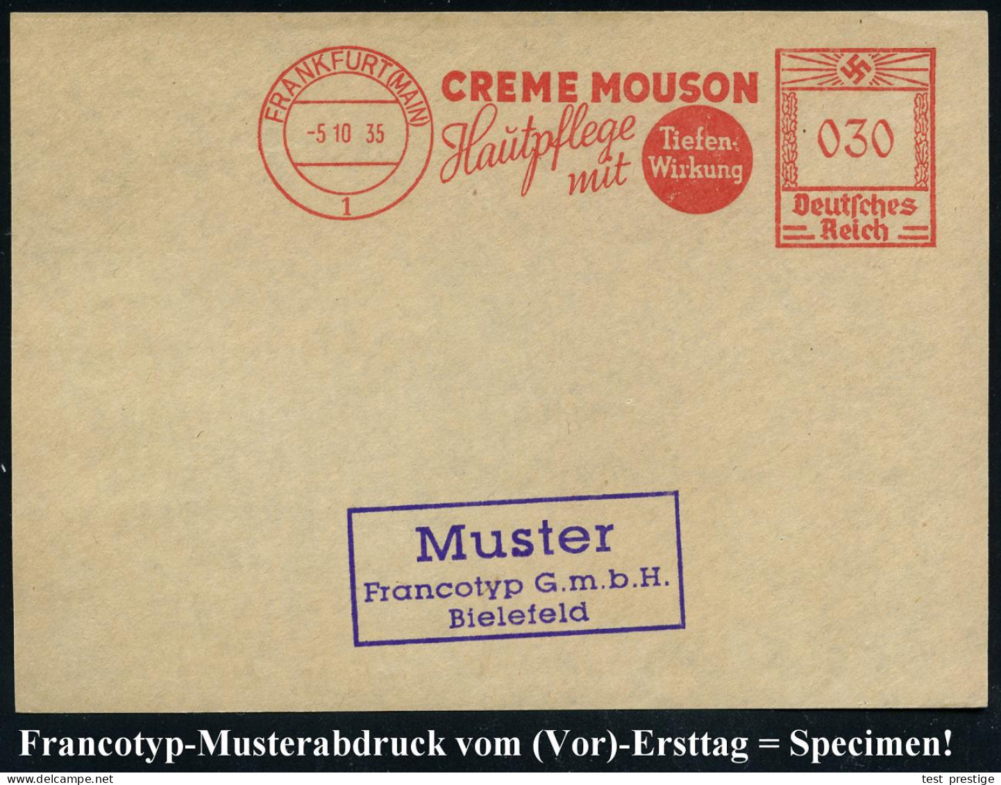 FRANKFURT (MAIN)/ 1/ CREMEM MOUSON/ Hautpflege.. 1935 (5.10.) AFS-Musterabdruck Francotyp  "Hakenkreuz" Glasklar Auf Fra - Chimie