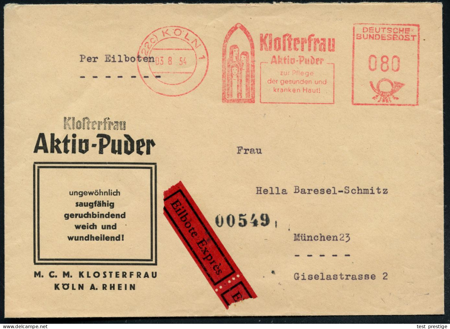 (22c) KÖLN 1/ Klosterfrau/ Aktiv Puder.. 1954 (3.8.) AFS 080 Pf. = 3 Nonnen (im Spitzbogenfenster) Reklame-Brief: Kloste - Química