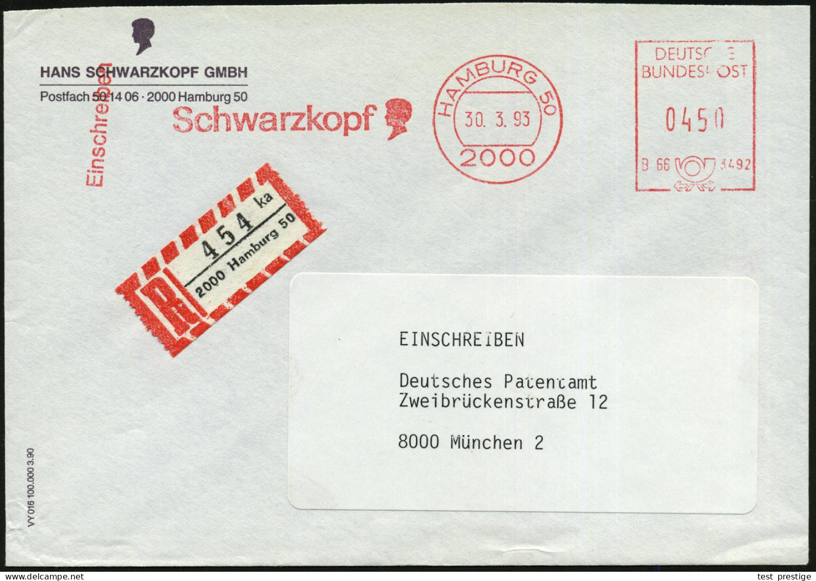 2000 HAMBURG 50/ B66 3492/ Schwarzkopf 1993 (30.3.) AFS Postalia 0450 Pf. (Firmen-Logo) + Selbstbucher-RZ: 2000 Hamburg  - Scheikunde