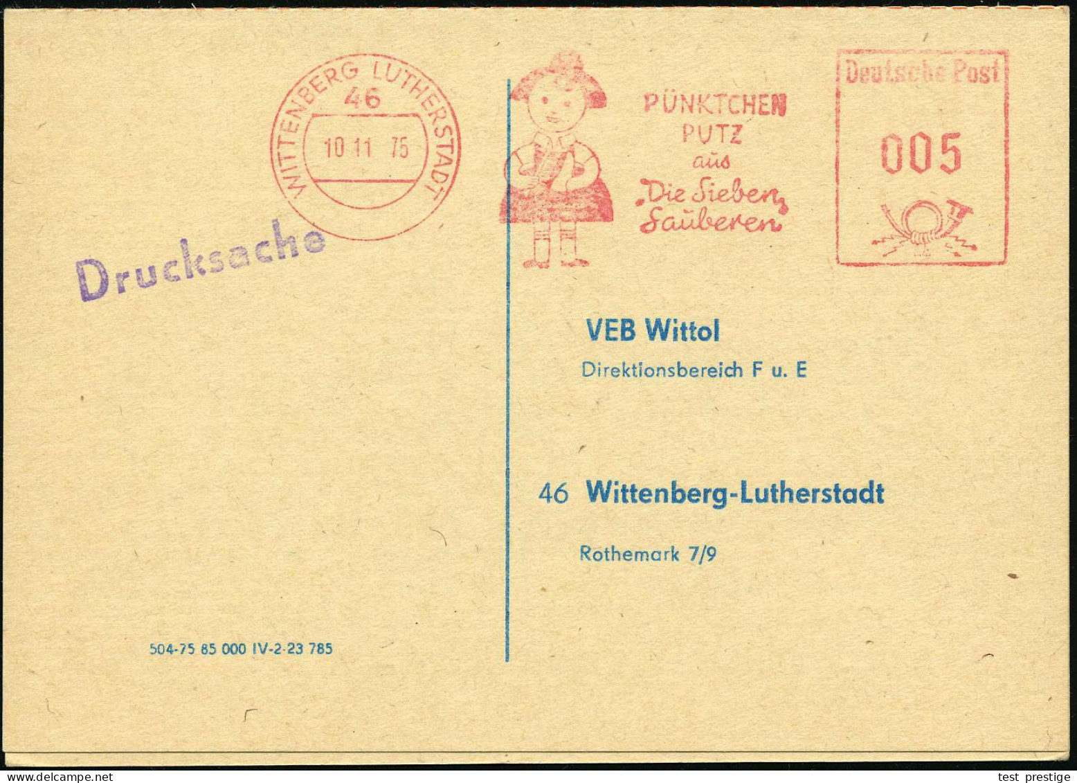 46 WITTENBERG LUTHERSTADT/ PÜNKTCHEN/ PUTZ/ Aus/ "Die Sieben/ Sauberen" 1975 (10.11.) AFS Francotyp = Comic-Figur "Pünkt - Chimie