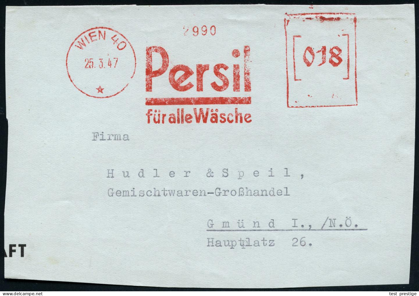 ÖSTERREICH 1947 (25.3.) Total Aptierter AFS Francotyp "Reichsadler": WIEN 40/*/Persil/für Alle Wäsche,  Reichsadler = En - Química