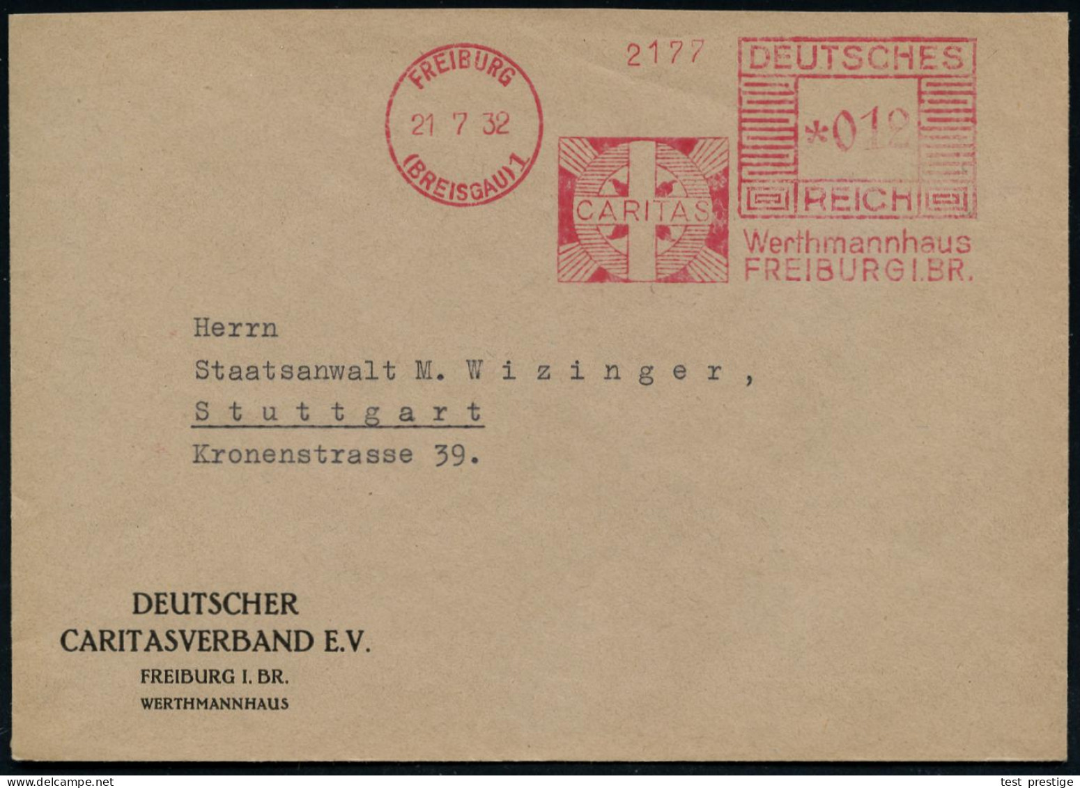 FREIBURG/ (BREISGAU)1/ CARITAS/ Werthmannhaus.. 1932 (21.7.) Seltener AFS Francotyp (strahlendes Kreuz) Auf Vordruck-Bf. - Christianisme