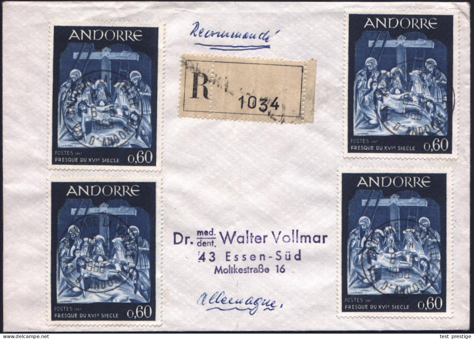 ANDORRA (FRANZ.) 1968 (6.5.) 0,60 F. "Kreuzabnahme Jesu" (= Fresko 16. Jhdt.) + Provis. RZ (Bf. Schwache Mittelfalte) Kl - Christentum