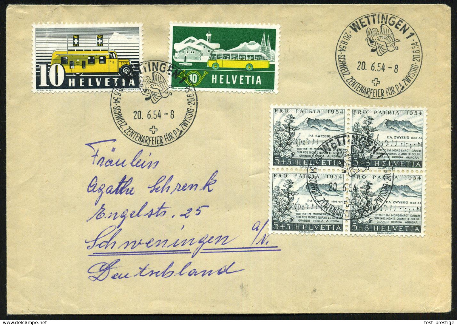 SCHWEIZ 1954 (20.6.) SSt: WETTINGEN/SCHWEIZ. ZENTENARFEIER..ZWYSSIG = Engel (mit Schriftrolle) 3x Klar Auf Ausl.-Bf.  (P - Christianisme