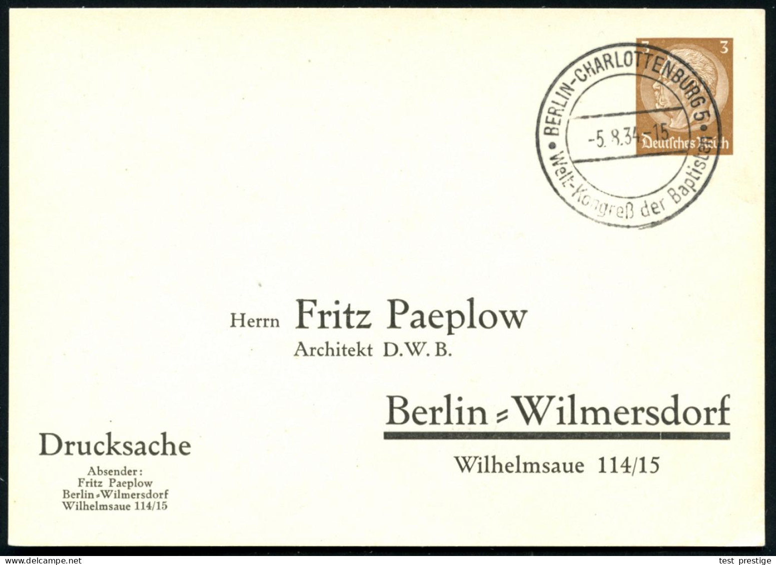 BERLIN-CHARLOTTENBURG 5/ Welt-Kongreß Der Baptisten 1934 (5.8.) Seltener SSt Klar Auf Inl.-Karte (Bo.149) - KIRCHENTAGE  - Christentum