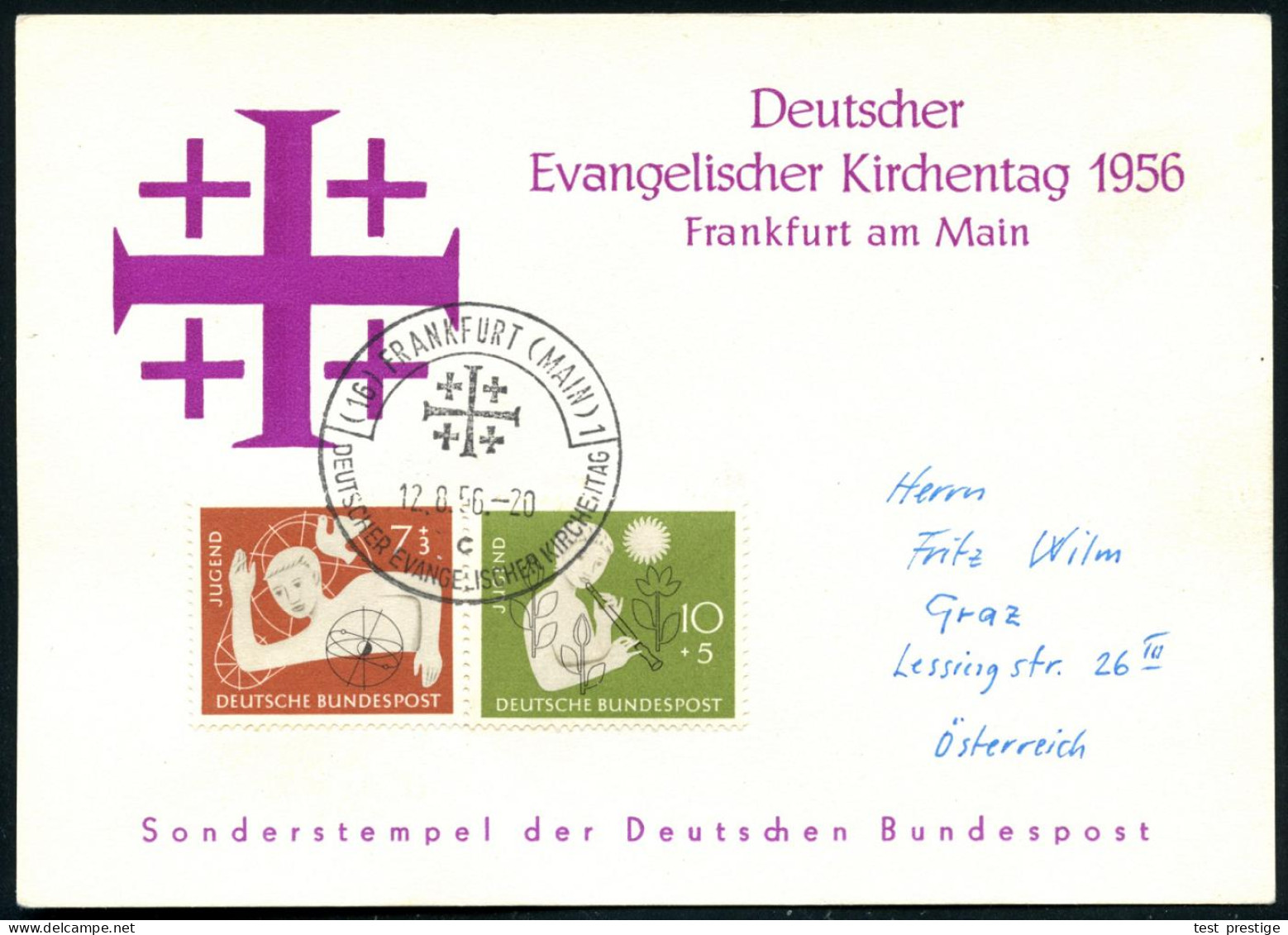 (16) FRANKFURT (MAIN)1/ B/ DEUTSCHER EVANGEL.KIRCHENTAG 1956 (12.8.) SSt = Jerusalem-Kreuz 2x Rs. Auf Motivgl. Sonder-Kt - Christentum