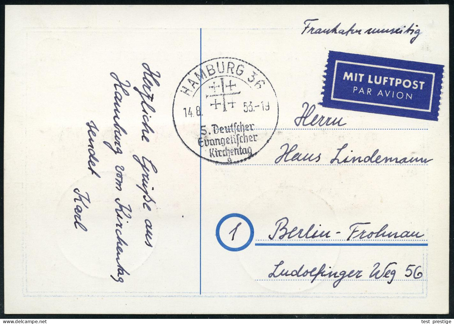 HAMBURG 36/ 5.Deutscher/ Evangel./ Kirchentag/ A 1953 (13.8.) SSt = Jerusalem-Kreuz Rs. Auf Sonder-Kt.: Deutscher Evange - Cristianismo