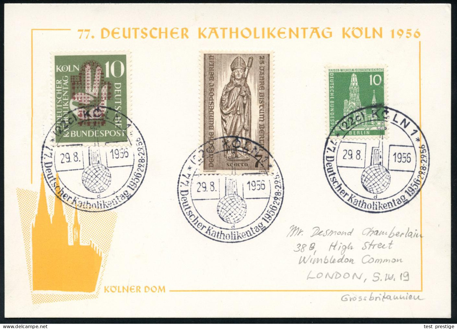 (22c) KÖLN 1/ D/ 77.Deutscher Katholikentag 1956 (29.8.) SSt = Kirche Auf Globus Mit UB "d" Auf EF 10 Pf. "77. Deutscher - Cristianismo