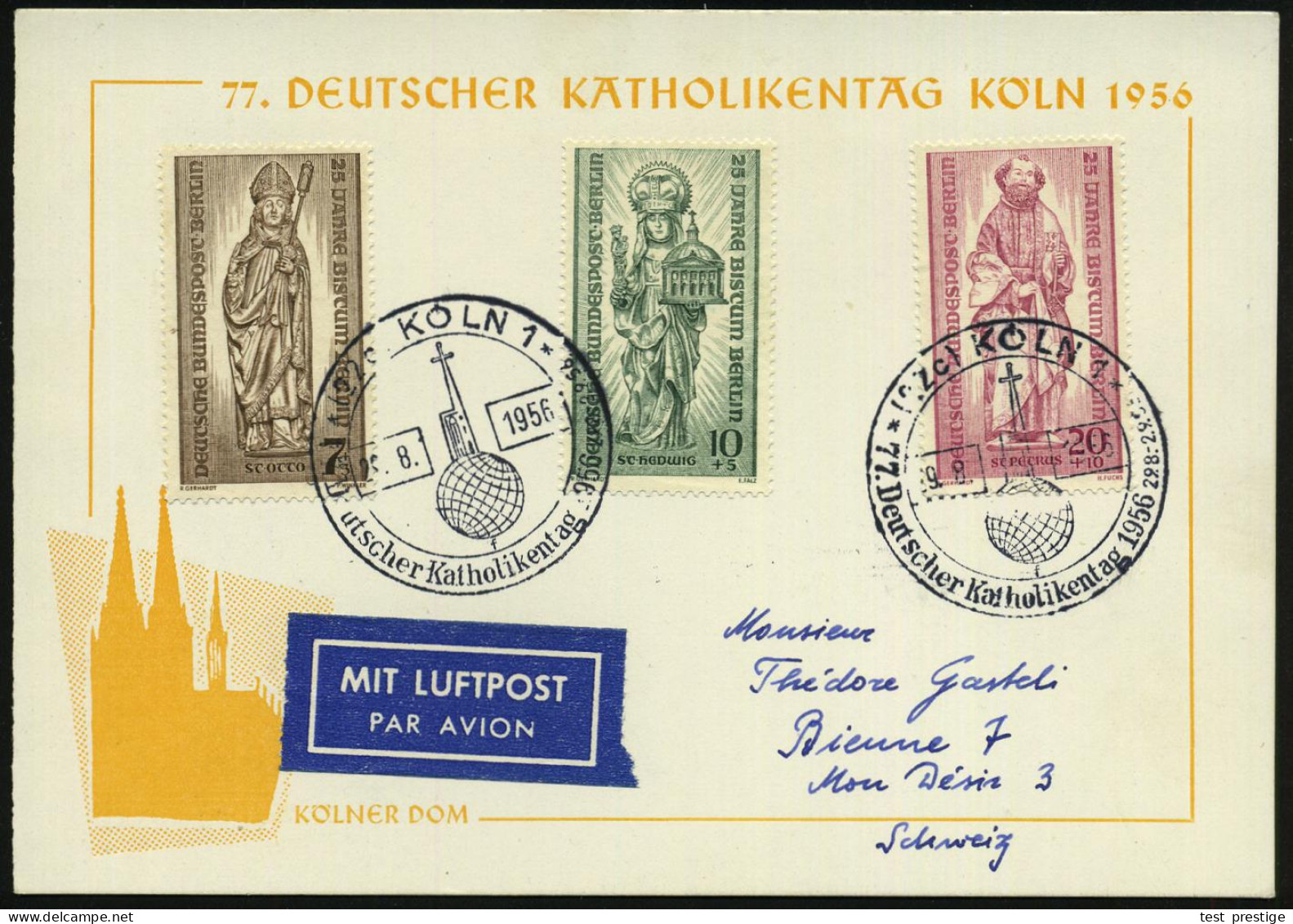 (22c) KÖLN 1/ F/ 77.Deutscher Katholikentag 1956 (29.8.) SSt Mit UB "f" = Kreuz-Kirche Auf Globus, 2x Auf Kompl. Satz Bi - Christendom