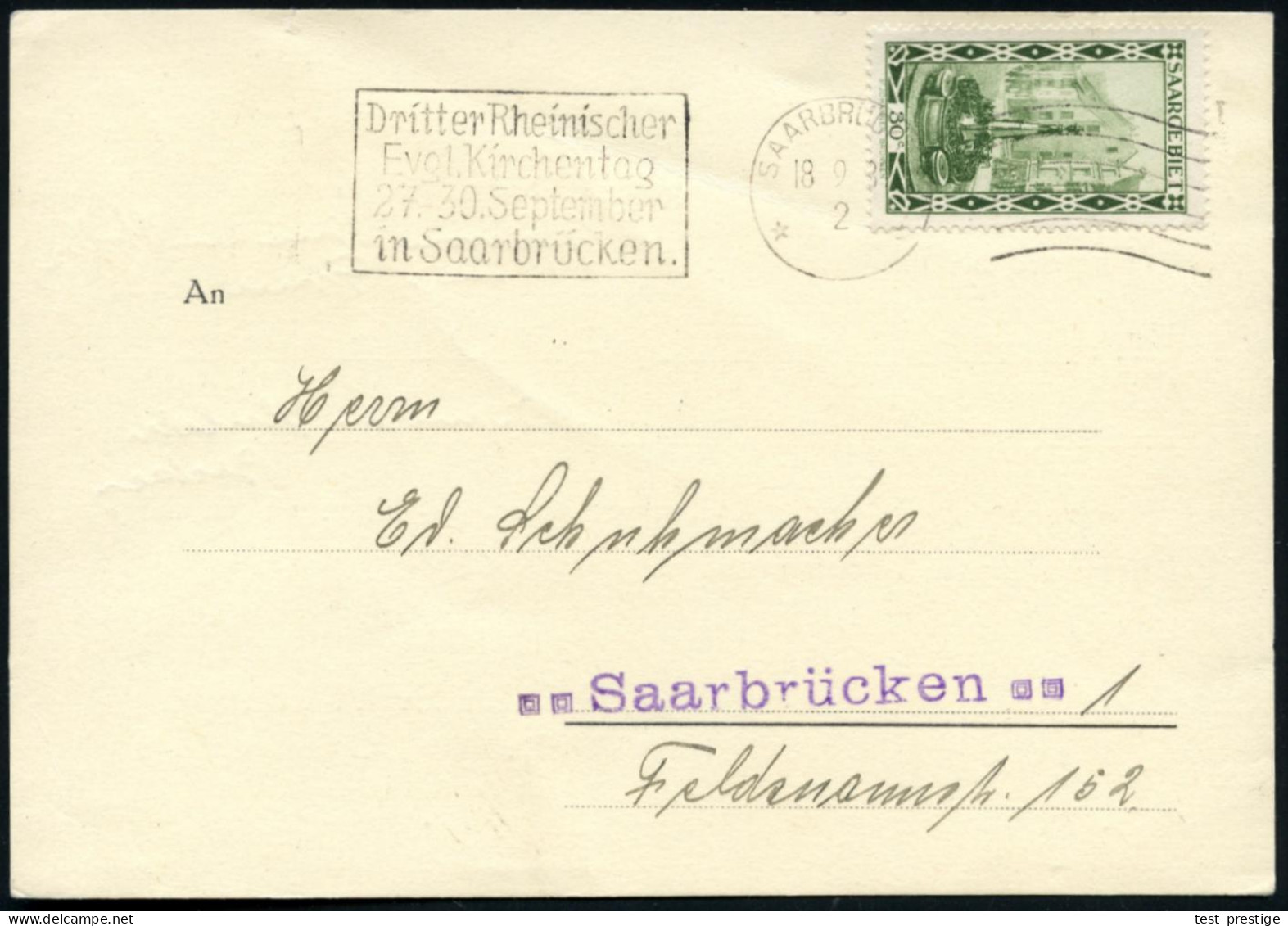 SAAR 1930 (18.9.) MaWellenSt.: SAARBRÜCKEN/**/Dritter Rheinischer/Evgl. Kirchentag.. Auf Passender Dienst-Kt.: Geschäfts - Christianisme