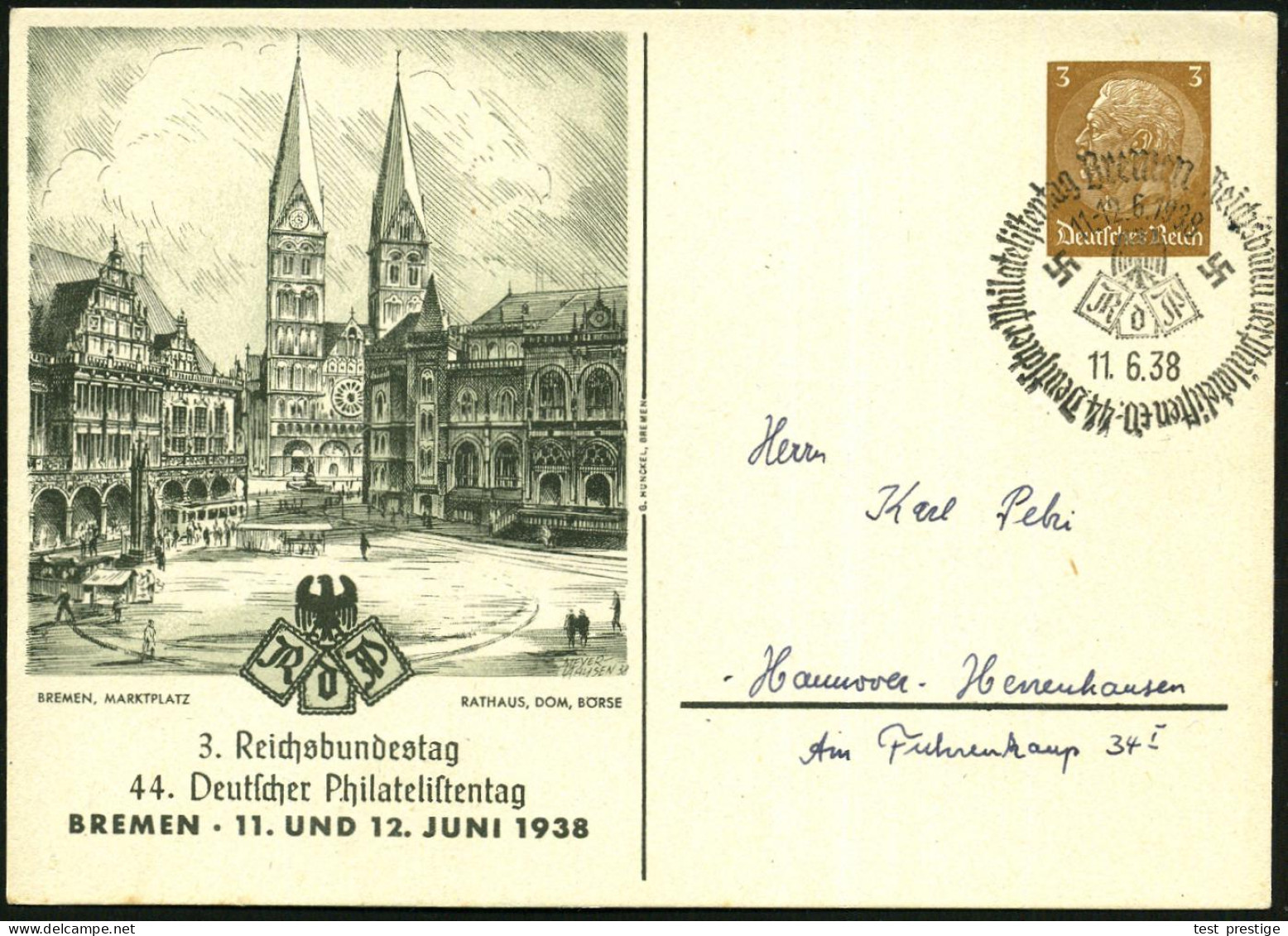 Bremen/ 44.Deutscher Philatelistentag/ RdPh 1938 (11.6.) SSt Auf PP 3 Pf. Hindenbg.: 3.Reichsbundestag/44. Deut-scher Ph - Churches & Cathedrals