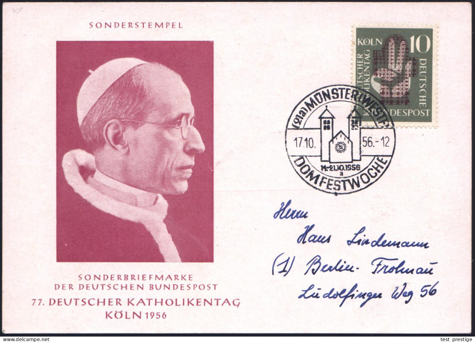 (21a) MÜNSTER (WESTF.)/ A/ DOMFESTWOCHE 1956 (17.10.) SSt = Dom Auf EF 10 Pf. 77. Deutscher Katholikentag (Mi.239 EF, +  - Kirchen U. Kathedralen