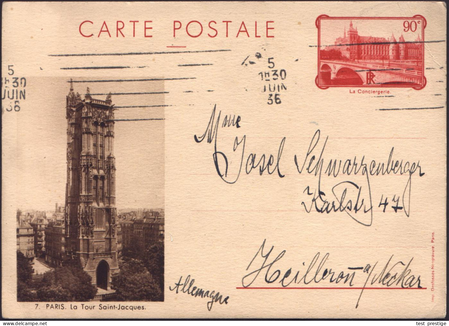 FRANKREICH 1936 (5.6.) 90 C. BiP "La Concierge", Rot: PARIS La Tour Saint-Jacques (got. Turm Der Kirche St. Jacques) Bed - Kirchen U. Kathedralen