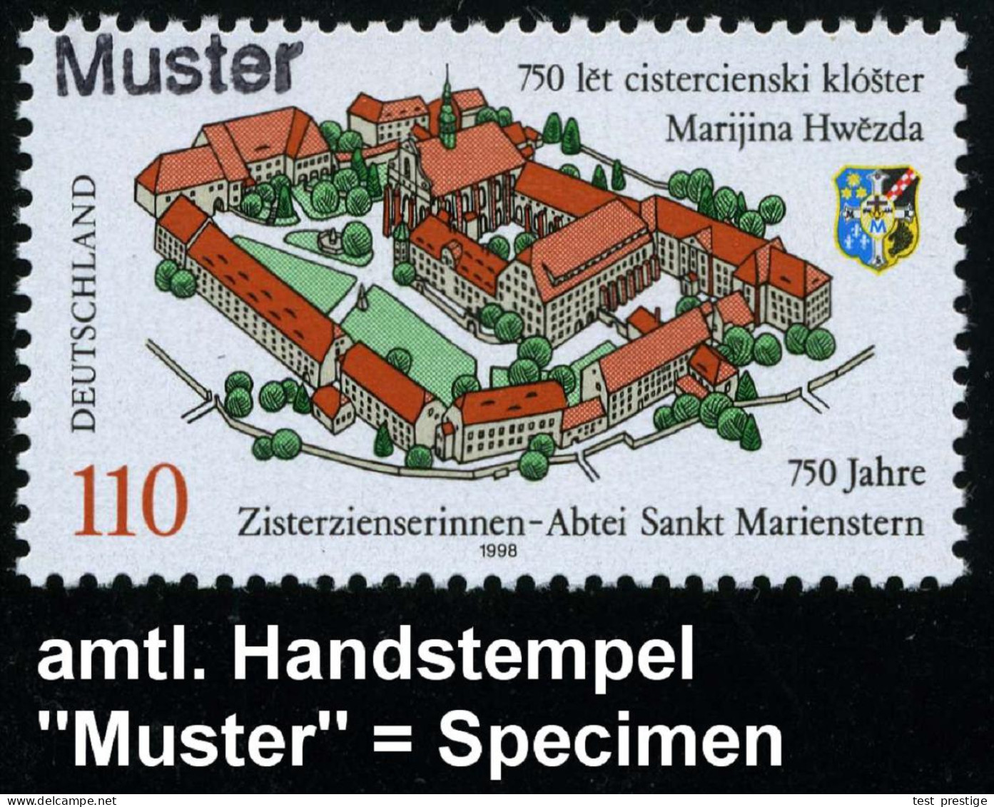 Sankt Marienstern 1998 (April) 110 Pf. "750 Jahre Zisterzienerinnen-Abtei St. Marienstern" + Amtl. Handstempel  "M U S T - Abbayes & Monastères