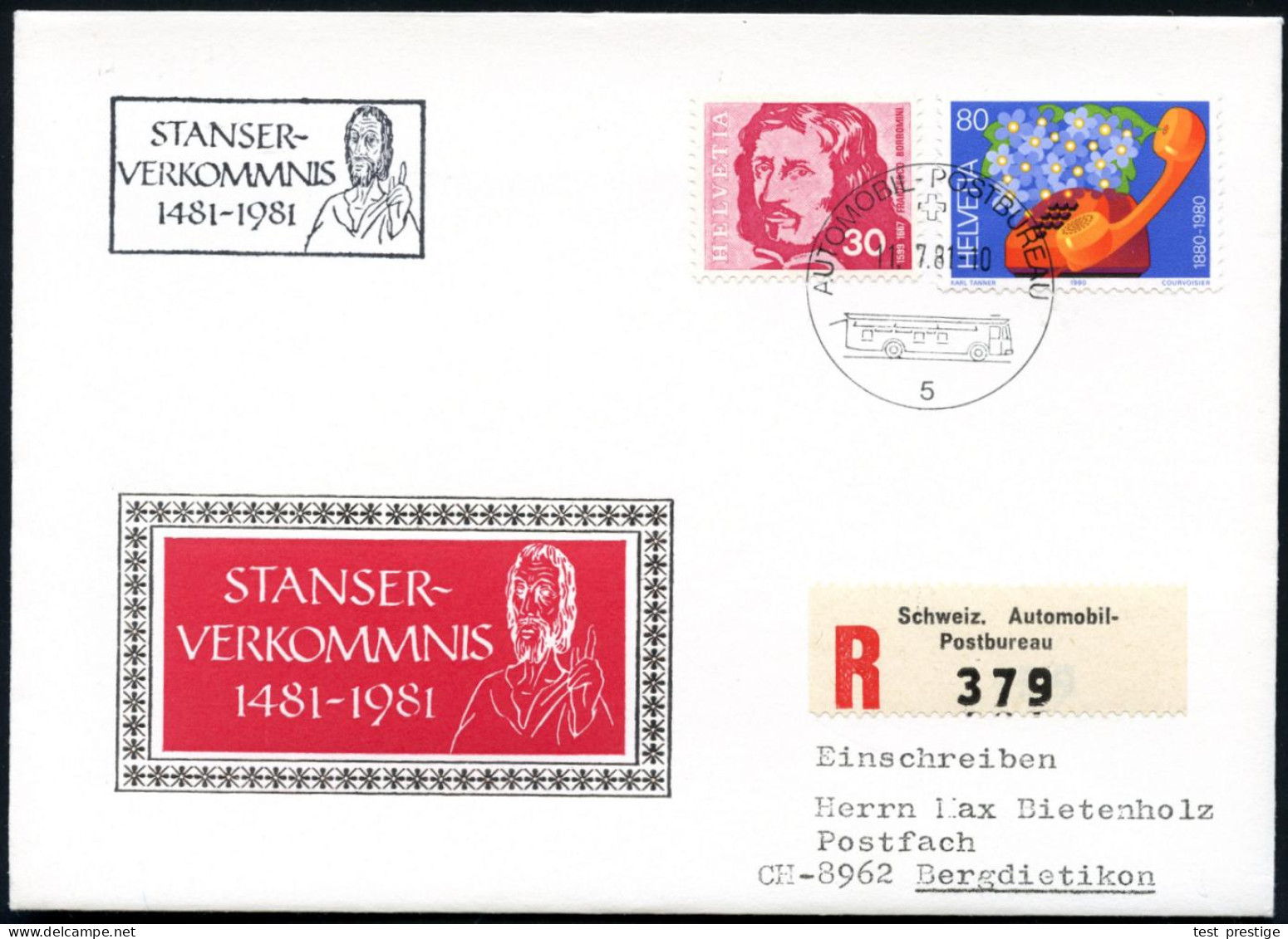 SCHWEIZ 1981 (11.7.) HdN: STANSER/VERKOMMNIS/1481-1981 = Hl. Klaus (hebt Zeigefinger) + 1K: AUTO PA Nr.5 + Sonder-RZ: Sc - Christianity