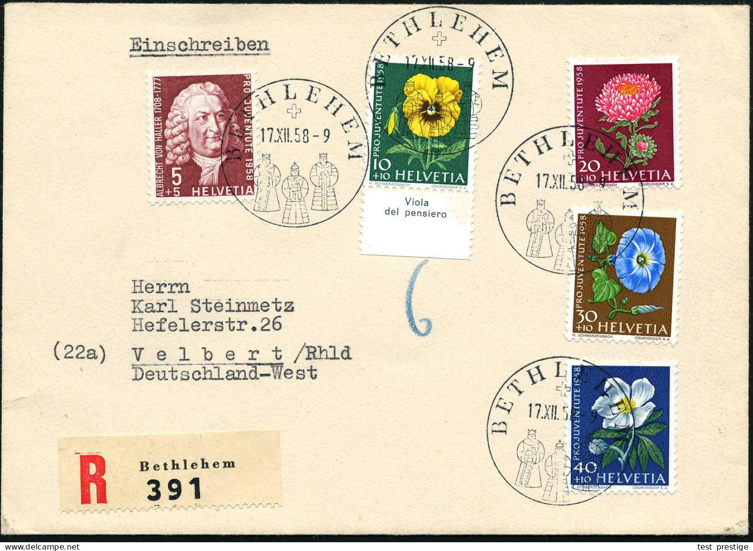 SCHWEIZ 1958 (17.12.) HWSt: BETHLEHEM = Heilige 3 Könige 4x + RZ: Bethlehem, Klar Gest. Ausl.-R-Bf.  (Mi.683/87,+ 11,50  - Christmas