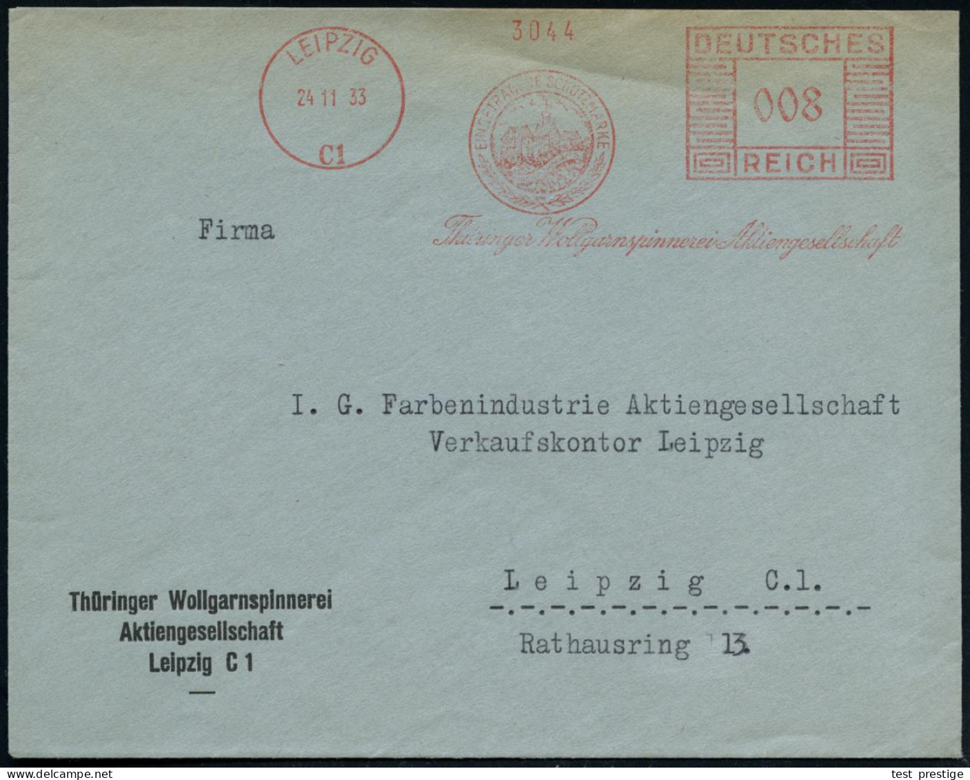 LEIPZIG/ C1/ Thüringer Wollgarnspinnerei AG 1933 (10.1.) AFS Francotyp = Wartburg , Klar Gest. Orts-Firmen-Bf., Vergl. L - Cristianismo