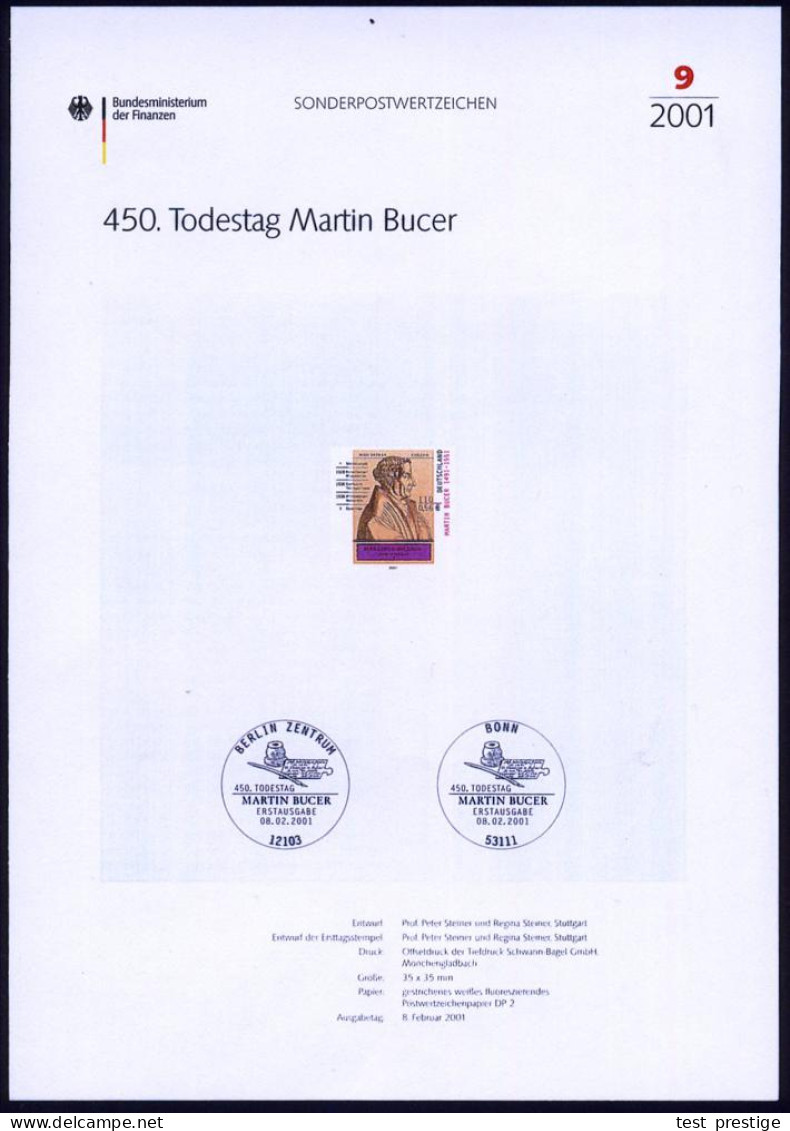B.R.D. 2001 (Febr.) 110 Pf. "450. Geburtstag Martin Bucer" Mit Amtl. Handstempel  "M U S T E R" , Postfr. + Amtl. Ankünd - Christianisme
