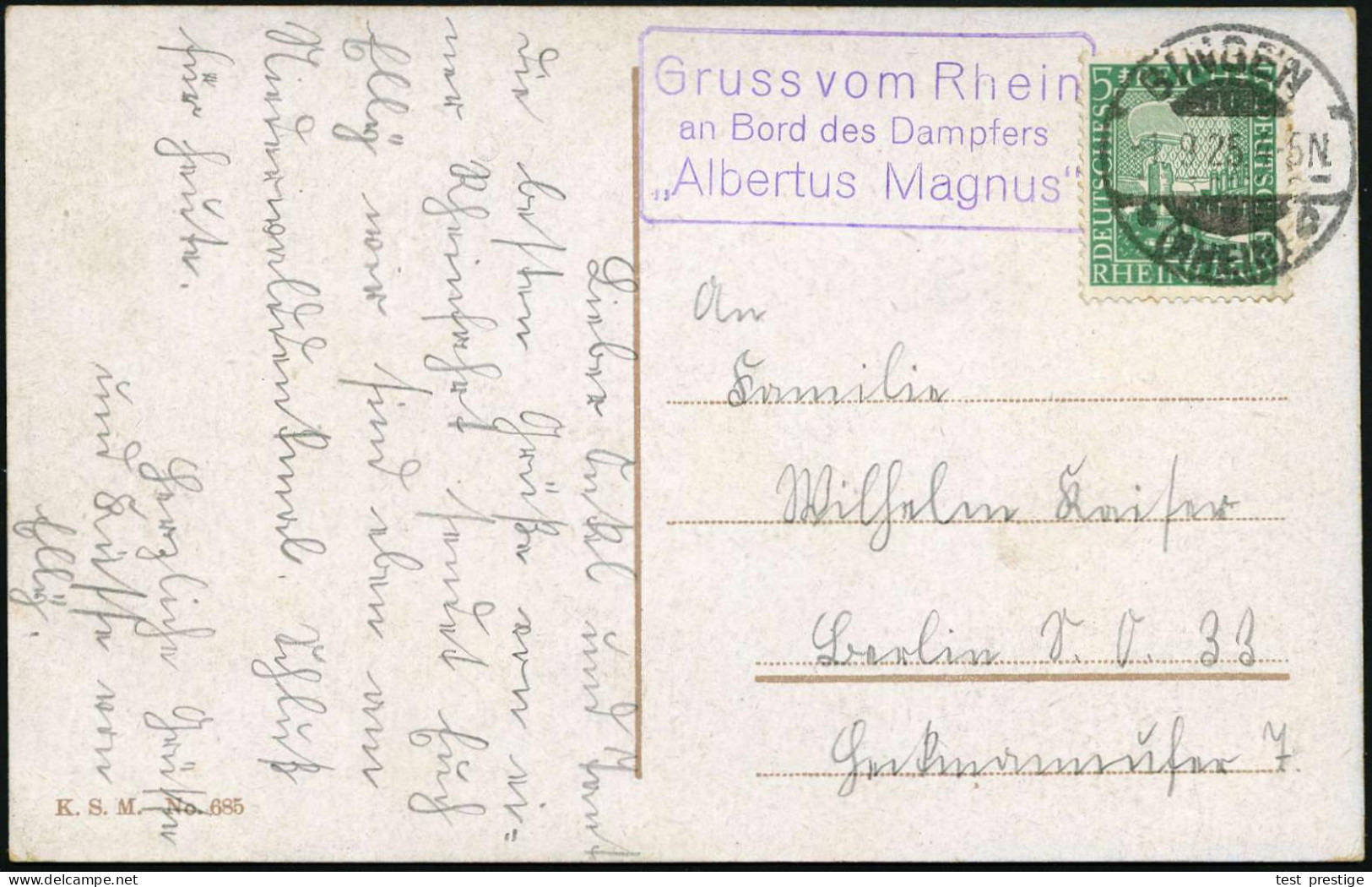 BINGEN/ *(RHEIN)/ C 1925 (1.9.) 1K-Gitter + Viol. Ra.3: Gruss Vom Rhein/an Bord D. Dampfers/ "Albertus Magnus" (= Bordpo - Autres & Non Classés