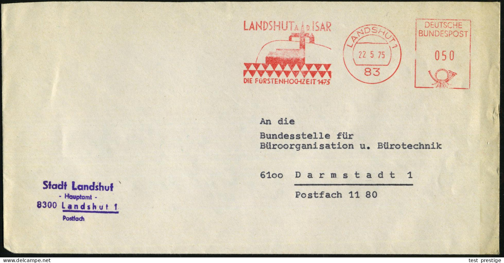 83 LANDSHUT 1/ ..DIE FÜRSTENHOCHZEIT 1476 1975 (22.5.) AFS Postalia (Otsstempel Mittig) = Hochzeit Herzog Des Reichen Mi - Sonstige & Ohne Zuordnung