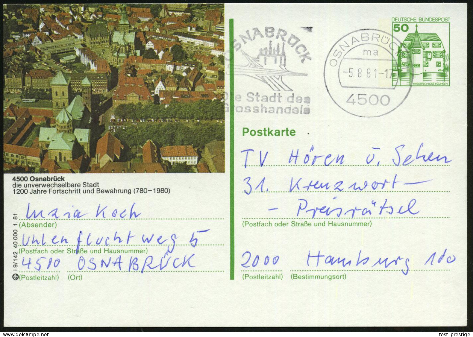 4500 Osnabrück 1981 (2.11.) 50 Pf. BiP Burgen, Grün: 1200 Jahre ..(780-1980) = Altstadt Mit Domen + Ortsgleicher MWSt. O - Other & Unclassified