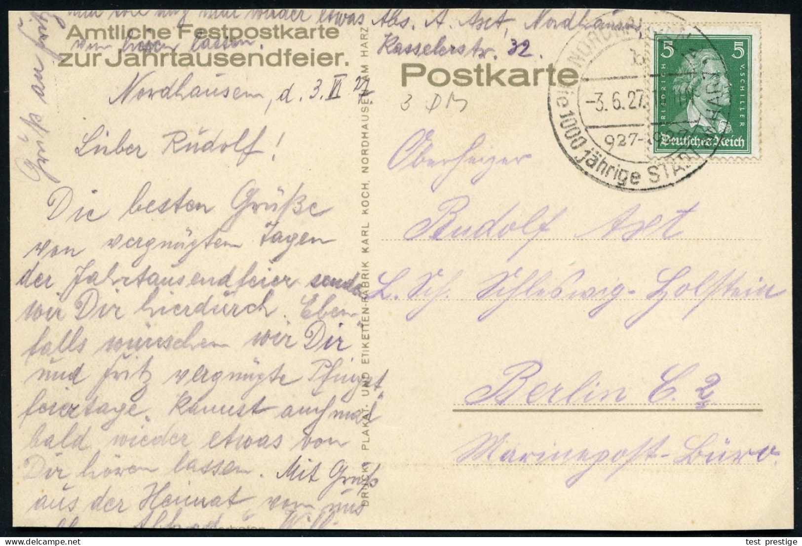 NORDHAUSEN/ Die 1000jährige Stadt Am Harz/ 927-1927 1927 (3.5.) Jubil.-HWSt Auf Passender Jubiläums-Künsrler-Ak. Mit Ort - Other & Unclassified