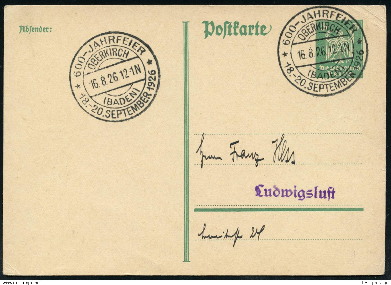 OBERKIRCH/ (BADEN)/ 600-JAHRFEIER.. 1926 (16.8.) HWSt Klar Auf Inl.-Karte (Bo.1) - DEUTSCHE STÄDTE-JUBILÄEN - GERMAN TOW - Autres & Non Classés