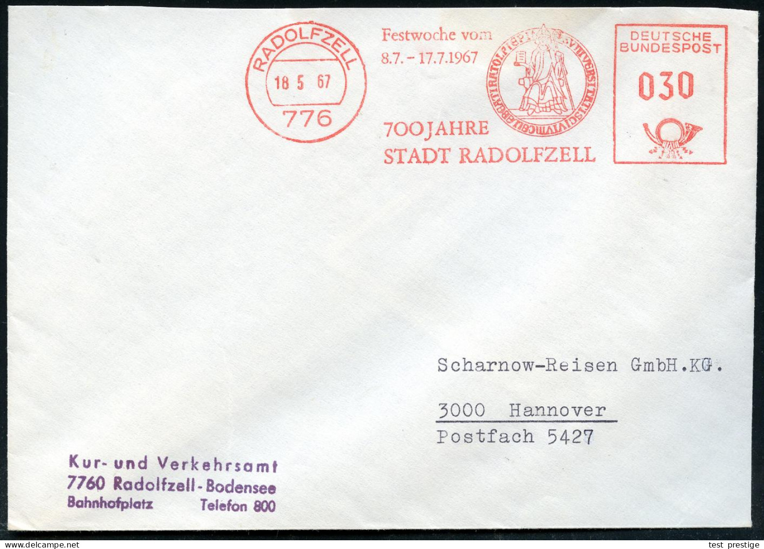 776 RADOLFZELL/ Festwoche V./ 8.7.-17.7./ 700 JAHRE/ STADT 1967 Jubil.-AFS = Latein. Bischofssiegel (rs. Öffnungsmäng.), - Autres & Non Classés