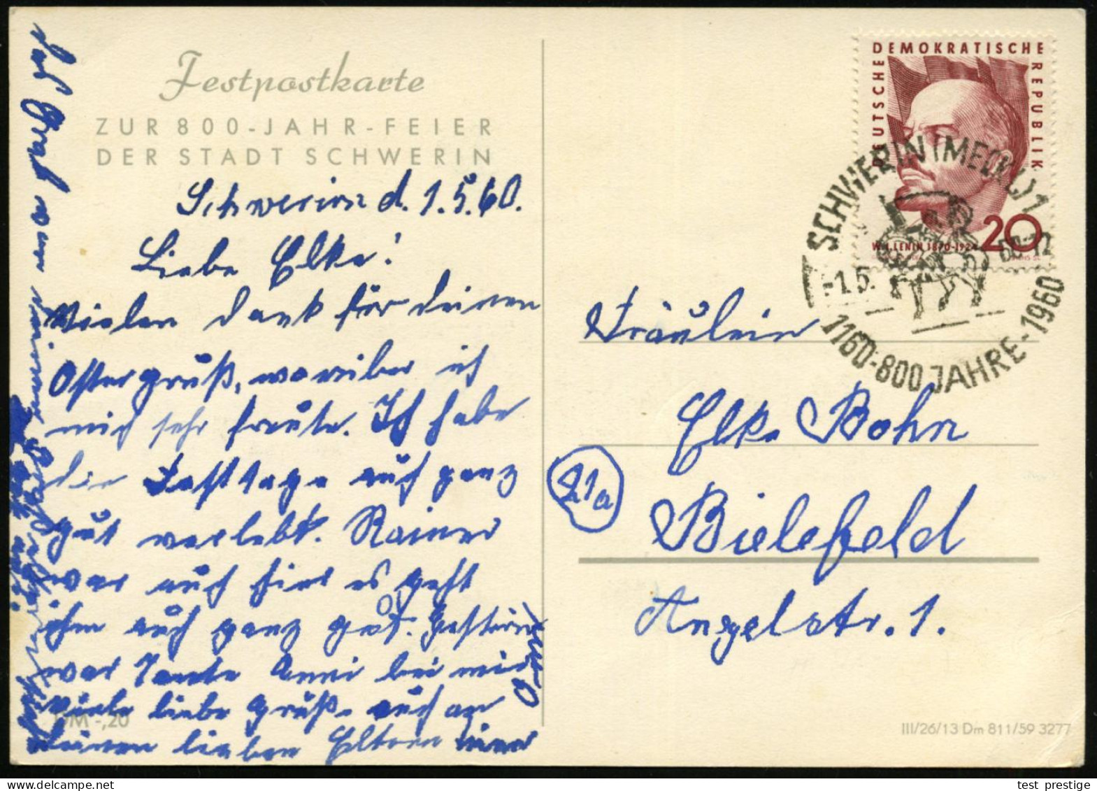 SCHWERIN (MECKL) 1/ 1160 - 800 JAHRE - 1960 1960 (1.5.) HWSt = Reiter Mit Flagge (= Stadtwappen) Goldene Jubil.-Sonderka - Other & Unclassified