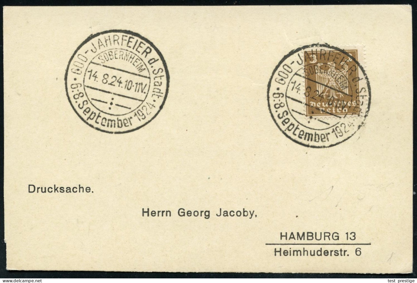 SOBERNHEIM/ 600-JAHRFEIER D.Stadt/ 6.-8.Sept. 1924 (14.8.) Seltener HWSt Klar A.Inl.Kt. (Bo.1 , Nur Wenige Wochen Verwen - Sonstige & Ohne Zuordnung