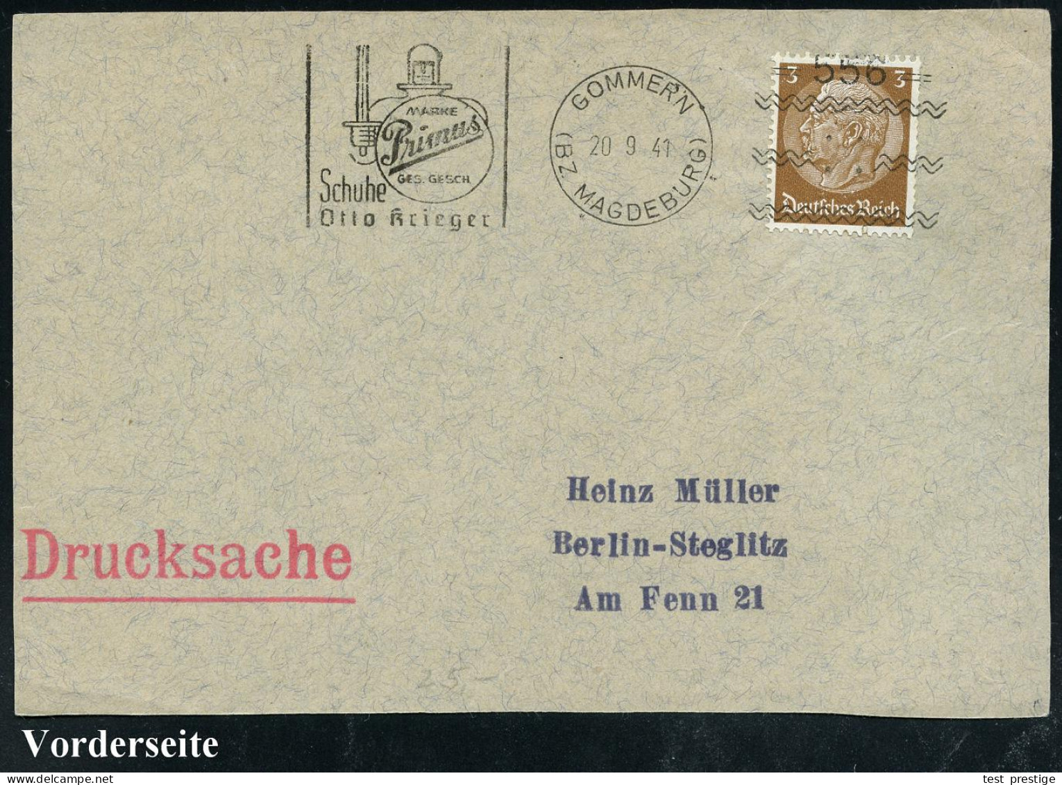 GOMMERN/ (BZ.MAGDEBURG)/ =556=/ ..Primus/ Schuhe/ Otto Krieger 1941 (20.9.) Seltener Freimarkenstpl. = Frankier-Apparat  - Otros & Sin Clasificación