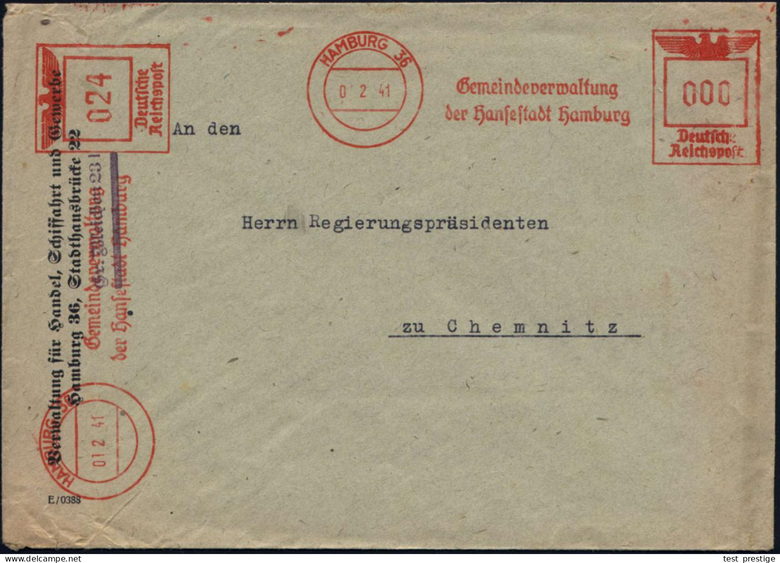 HAMBURG 36/ Gemeindeverw./ Der Hansestadt Hamburg 1941 (1.2.) AFS 000 Pf. + 24 Pf., 2 Abdrucke! Auf Passendem Kommunal-B - Other & Unclassified