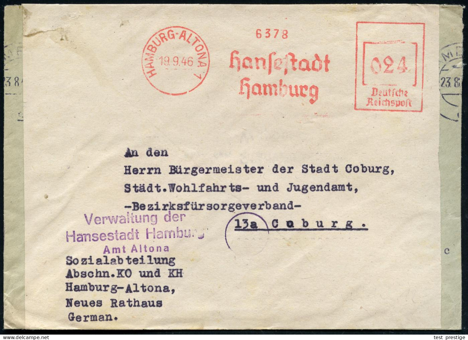 HAMBURG-ALTONA 1/ Hansestadt/ Hamburg 1946 (19.9.) Aptierter AFS Francotyp "Reichsadler" = Entfernt! = Notmaßnahme! , Vi - Otros & Sin Clasificación