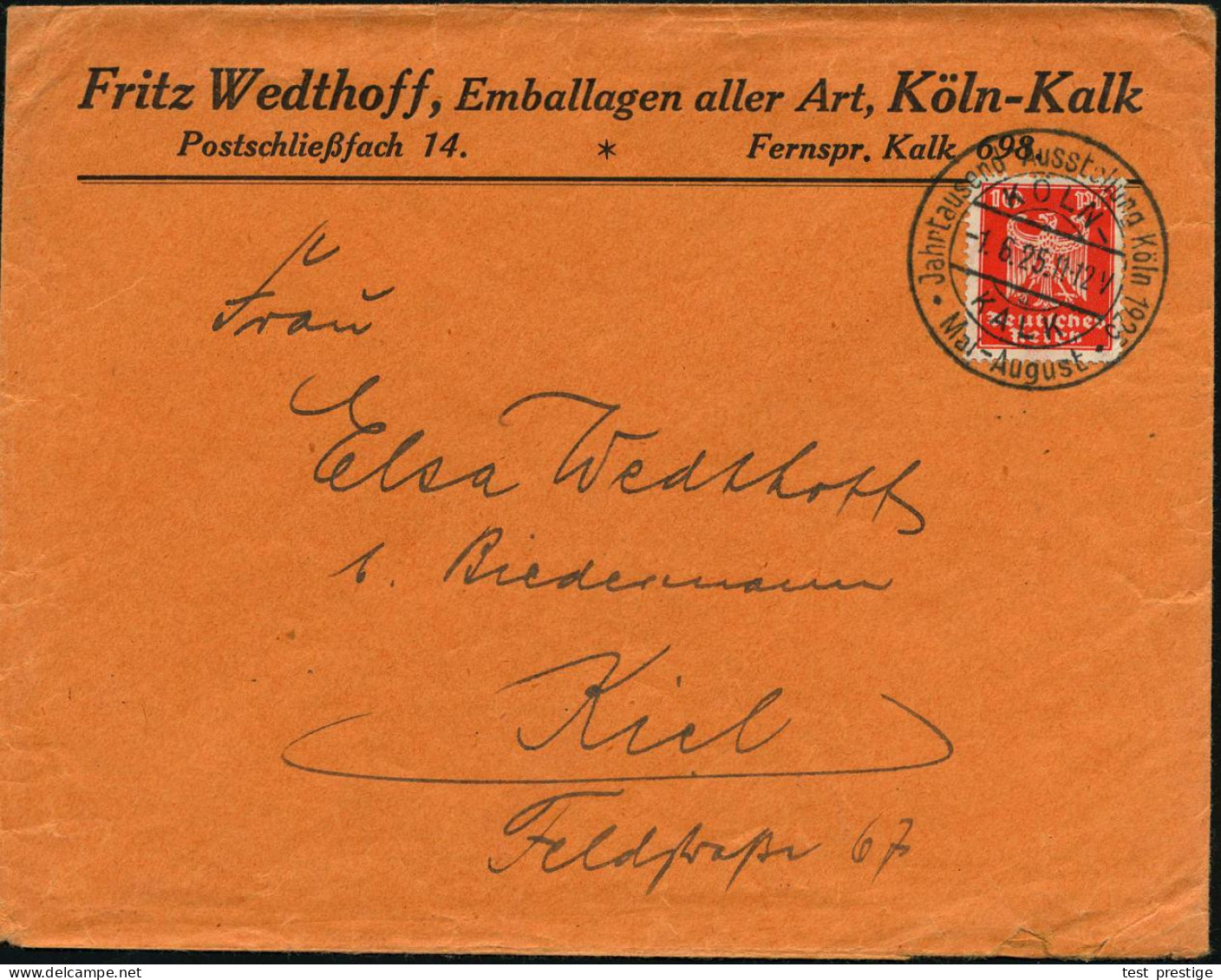 KÖLN-/ A/ KALK/ Jahrtausend-Ausstellung Köln.. 1925 (1.6.) Seltener HWSt Auf Firmen-Bf.: Fritz Wedthoff.. Köln-Kalk (uns - Otros & Sin Clasificación