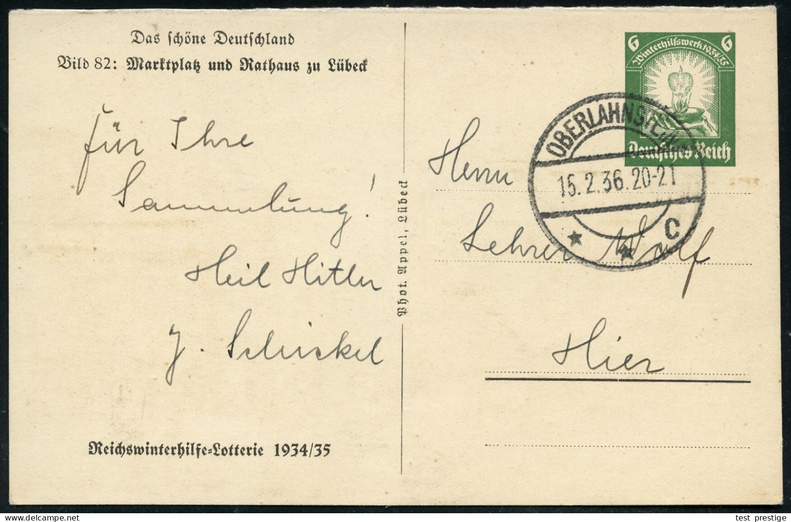 Lübeck 1936 (15.2.) 6 Pf. BiP WHW-Lotterie, Grün: Marktplatz U. Rathaus (Eizelkarte) Bedarf (gest In Oberlahnstein), Ort - Otros & Sin Clasificación