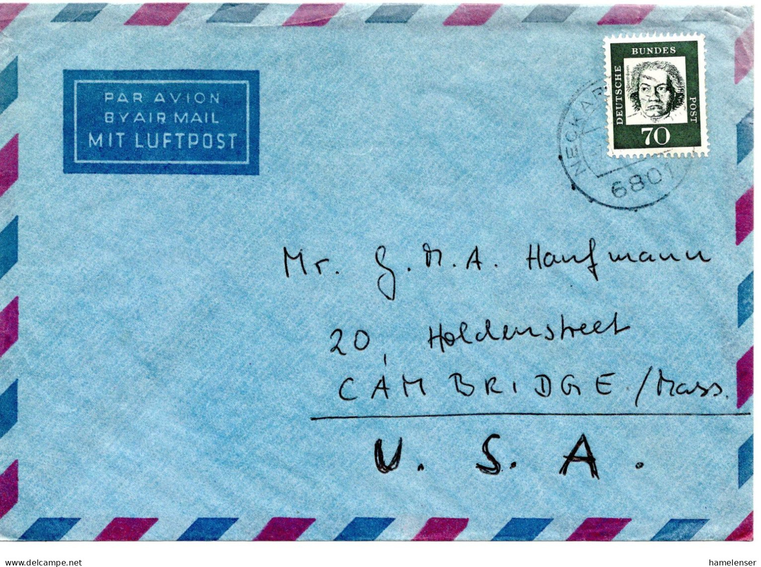 69756 - Bund - 1966 - 70Pfg Beethoven EF A LpBf NECKARHAUSEN -> Cambridge, MA (USA) - Covers & Documents