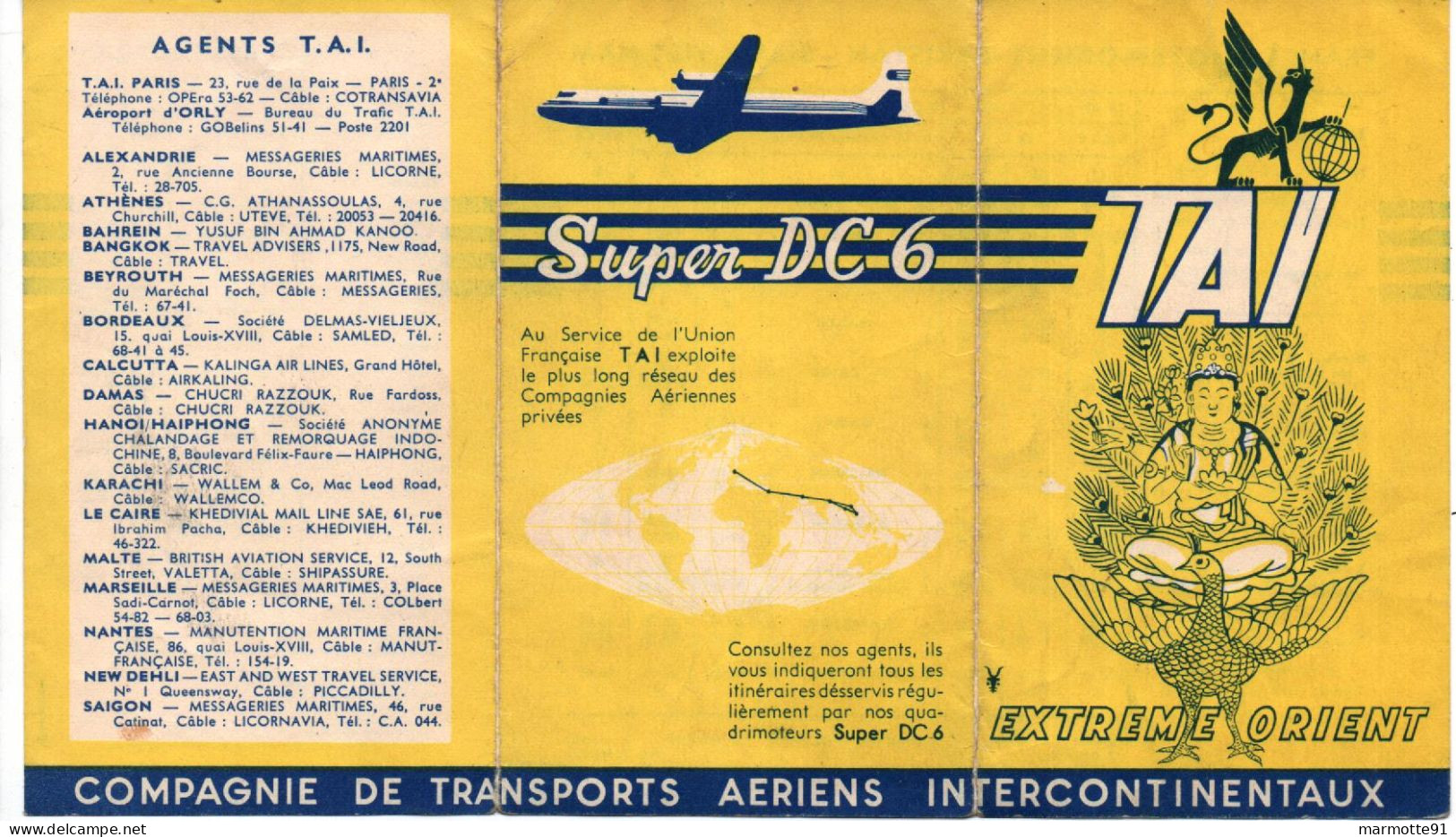 COMPAGNIE AERIENNE T.A.I. EXTREME ORIENT  SUPER DC6  AVIATION DEPLIANT - Werbung