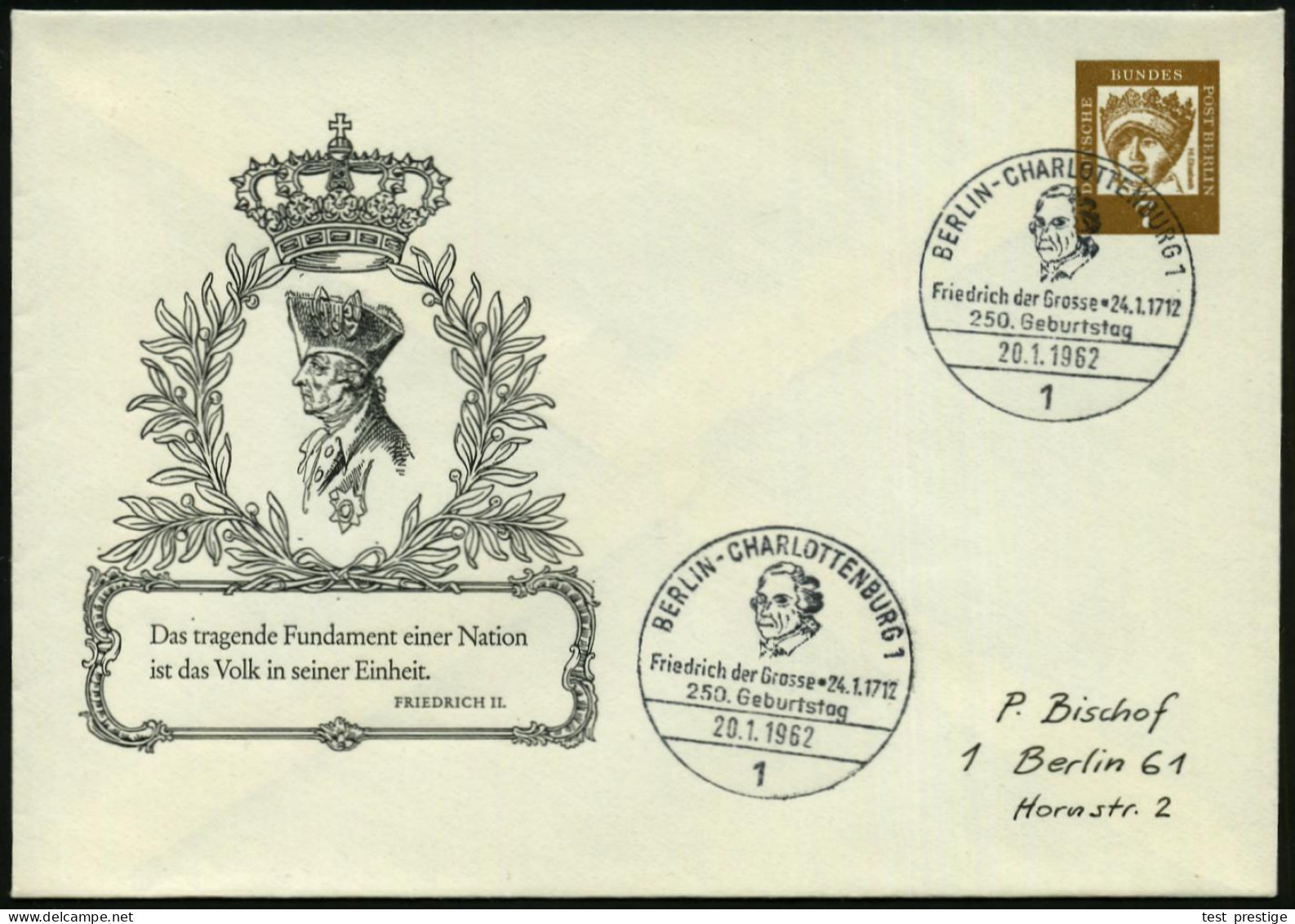 1 BERLIN-CHARLOTTENBG.1/ Friedrich D.Grosse *24.1.1712/ 250.Geburtstag 1962 (20.1.) SSt Auf Passender PU 7 Pf. Hl.-Elisa - Autres & Non Classés