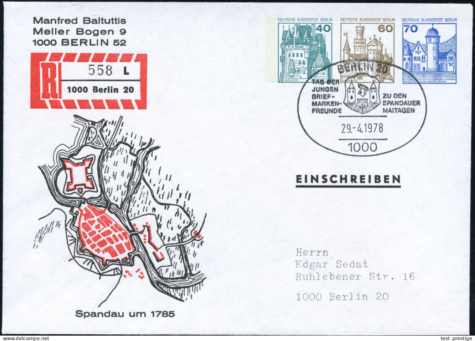 Berlin-Spandau 1978 (29.4.) PU 40 + 60 + 70 Pf. Burgen: Spandau Um 1785 Mit Zitadelle (Landkarte) + Gedruckter RZ: 1000  - Sonstige & Ohne Zuordnung