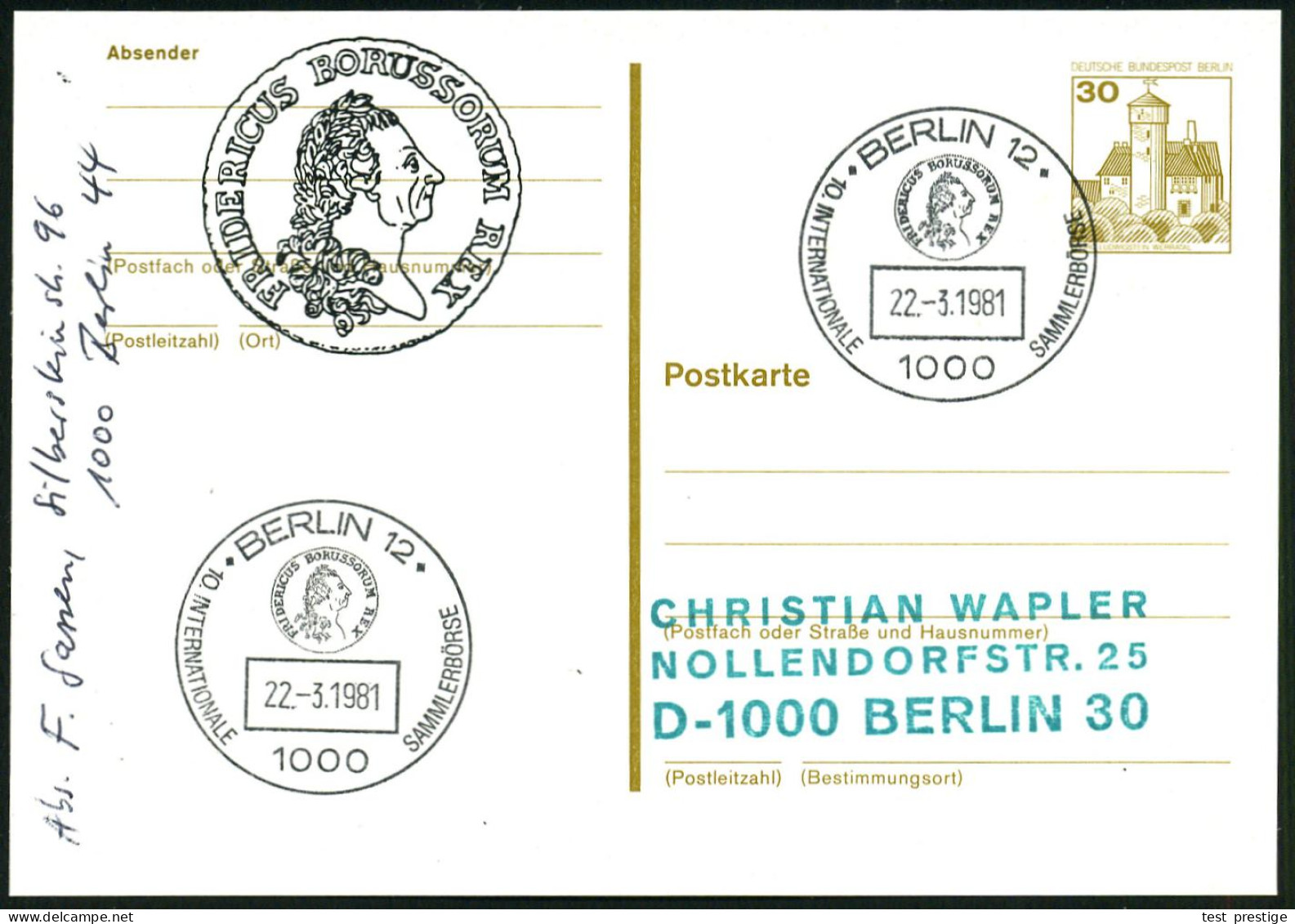 1000 BERLIN 12/ 10.INT.SAMMLERBÖRSE.. 1981 (22.3.) SSt = Thaler Mit Kopf Friedrich Der Große U. Latein. Inschrift, Auf A - Sonstige & Ohne Zuordnung