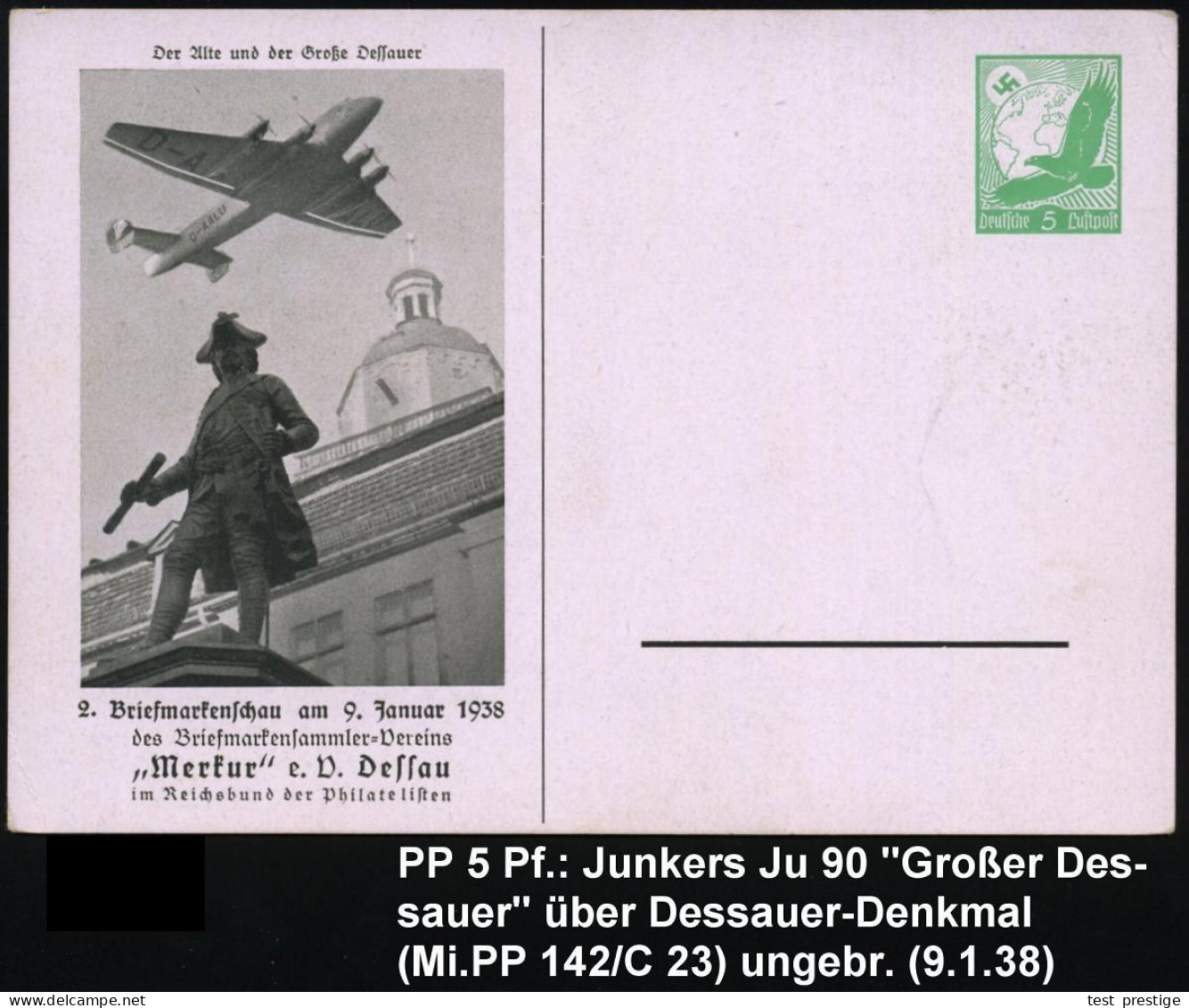 Dessau 1938 (9.1.) PP 5 Pf. Adler, Grün: Der Alte U. Der Große Dessauer = Junkers "Ju 90" über Denkmal Des "Alten Dessau - Otros & Sin Clasificación