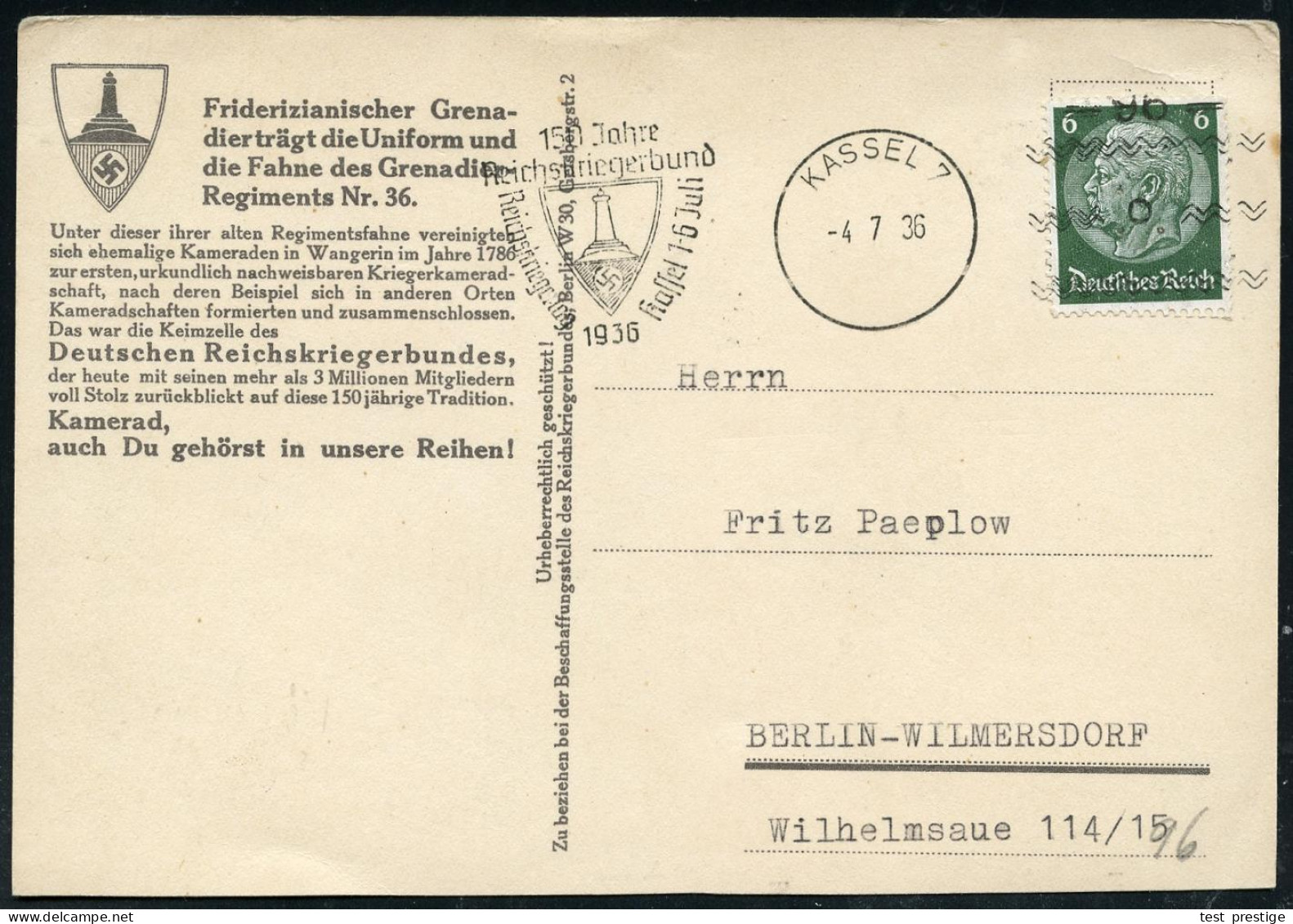 KASSEL 7/ =96=/ 150 Jahre/ Reichskriegerbund/ Reichskriegertag 1936 Kassel 1-6 Juli 1936 (4.7.) Sehr Seltener Freimarken - Sonstige & Ohne Zuordnung