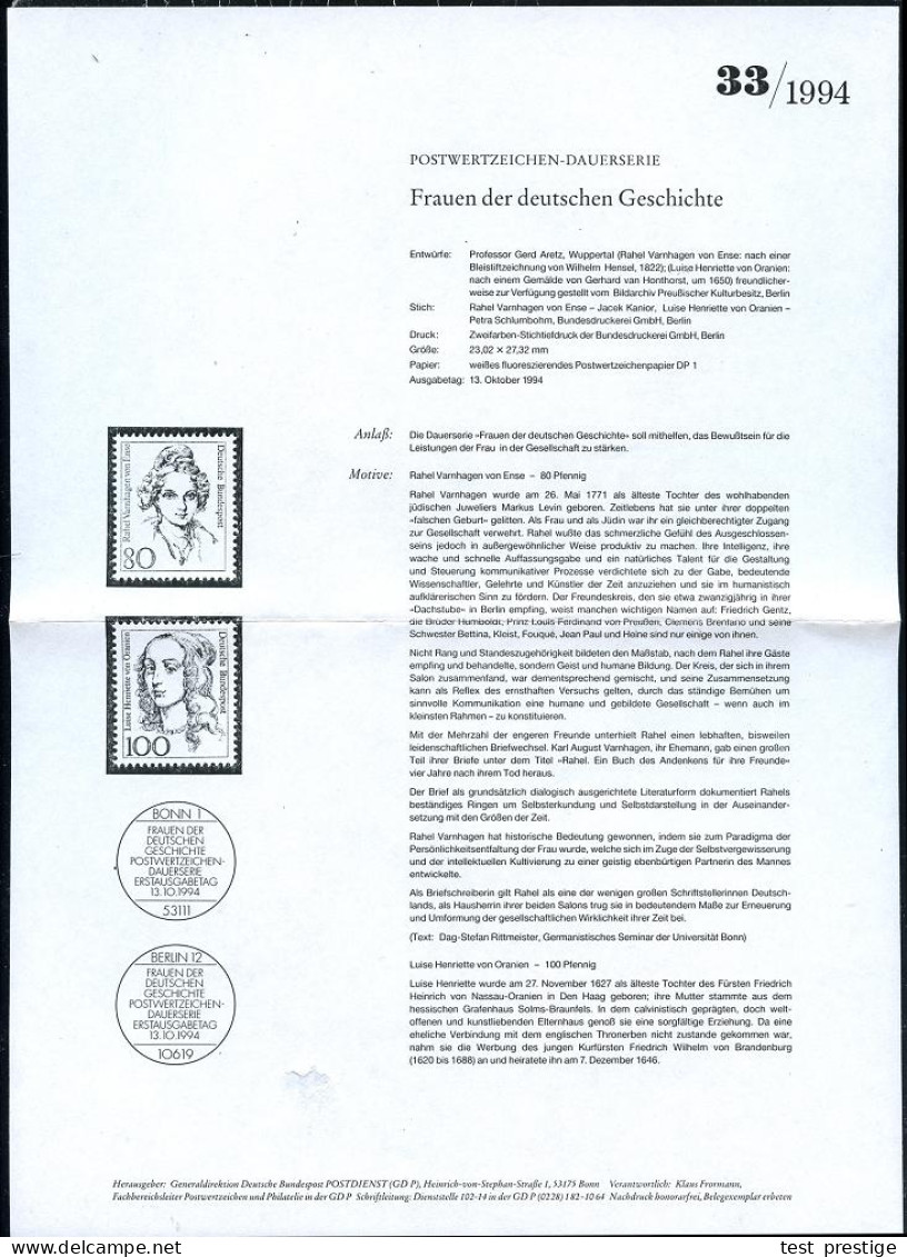 B.R.D. 1994 100 Pf. Luise V.Oranien = Frau Des Gr. Kurfürsten Mitamtl. Handstempel "M U S T E R", Postfr. + Faksimil.Ank - Other & Unclassified