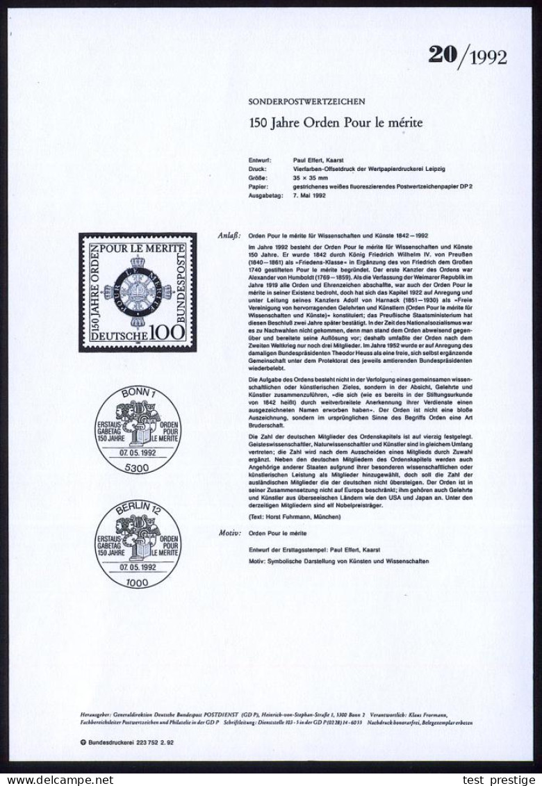 B.R.D. 1992 (Mai) 100 Pf. "150 Jahre Orden Pour Le Mérite" + Amtl. Handstempel  "M U S T E R" ("Friedensklasse", Gestife - Sonstige & Ohne Zuordnung
