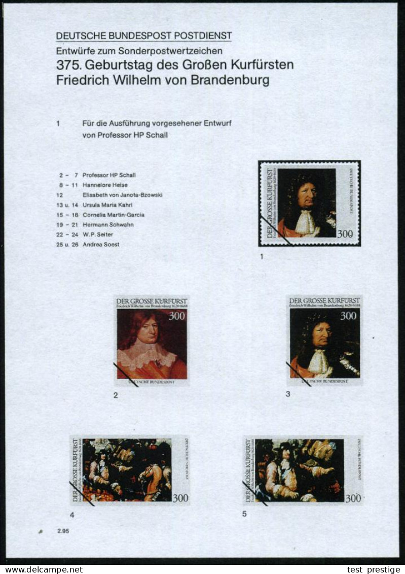 B.R.D. 1995 (Feb.) 300 Pf. "375. Geburtstag Gr.Kurfürst, Friedrich Wilhelm V. Brandenburg", 26 Verschied. Color-Entwürfe - Autres & Non Classés