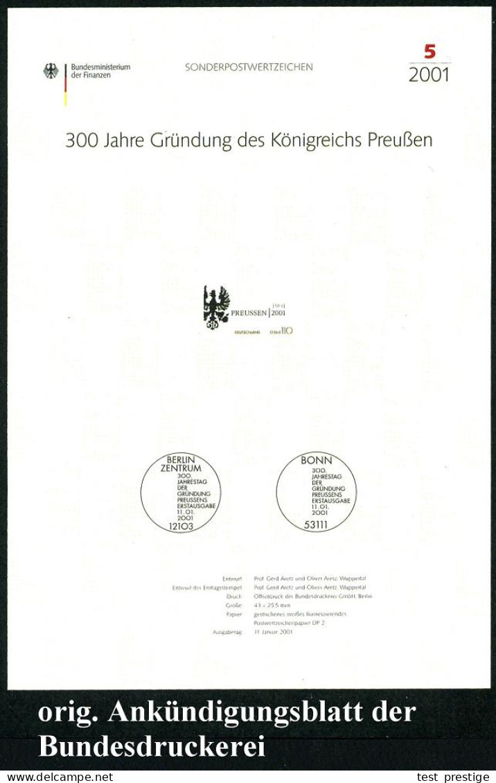 B.R.D. 2001 (Jan.) 110 Pf. "300 Jahre Königreich Preußen" + Amtl. Handstempel  "M U S T E R"  = Preuß. Wappenadler , Pos - Otros & Sin Clasificación